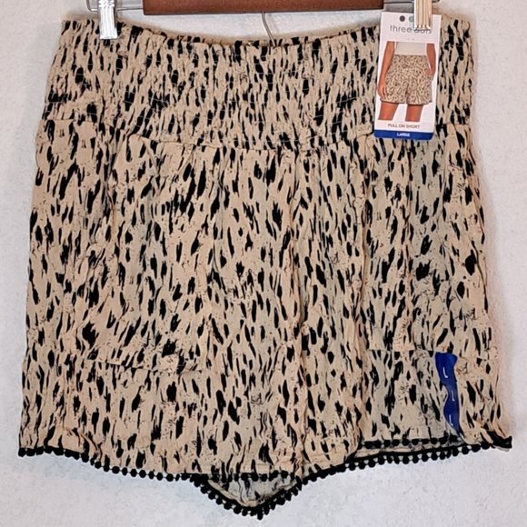 Three Dots Smocked Waist Shorts Women's Large Animal Print Tan Black Fringe NEW - Picture 1 of 9
